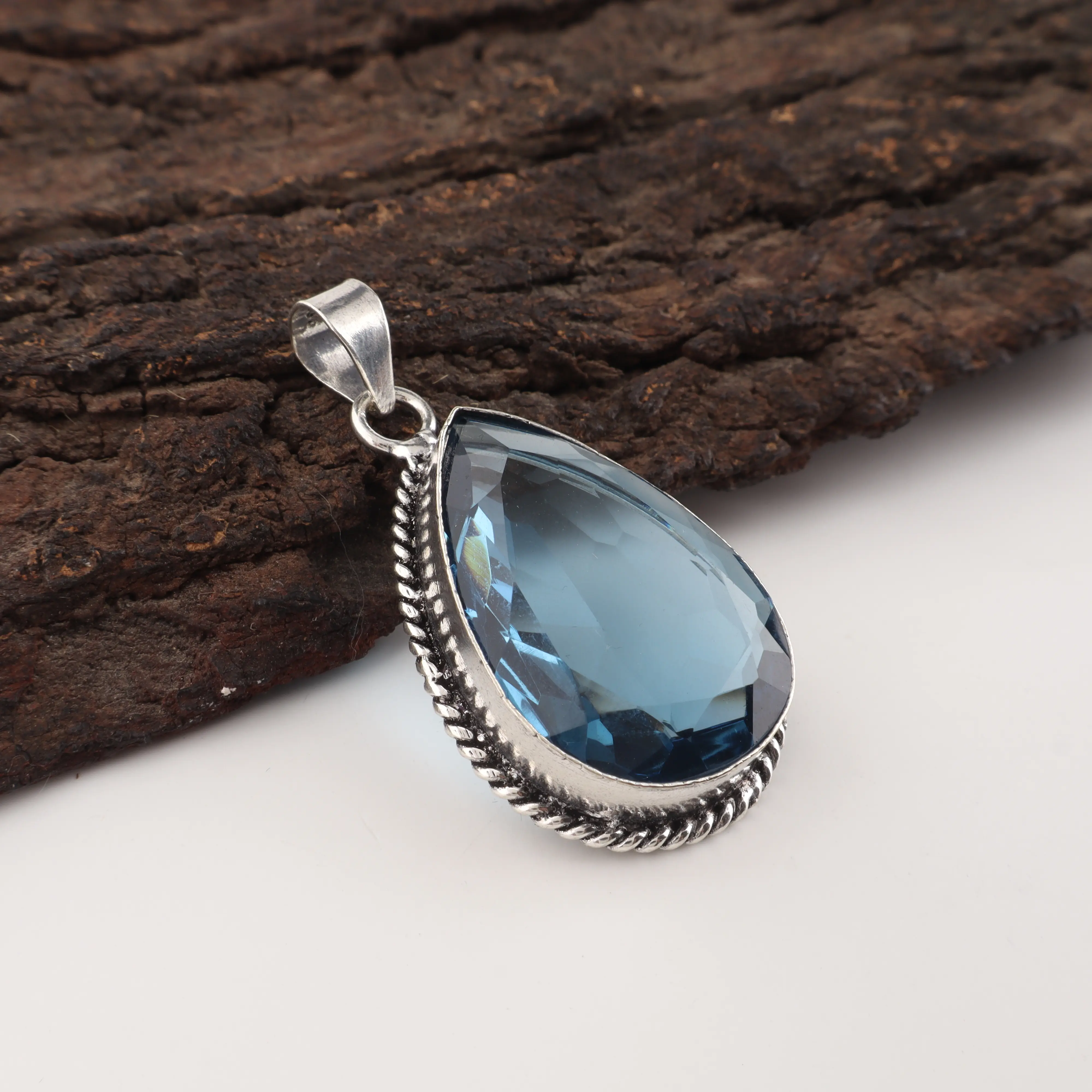 Handmade London Blue Topaz Pendant in 925 Sterling Silver with Deep Blue Gemstone