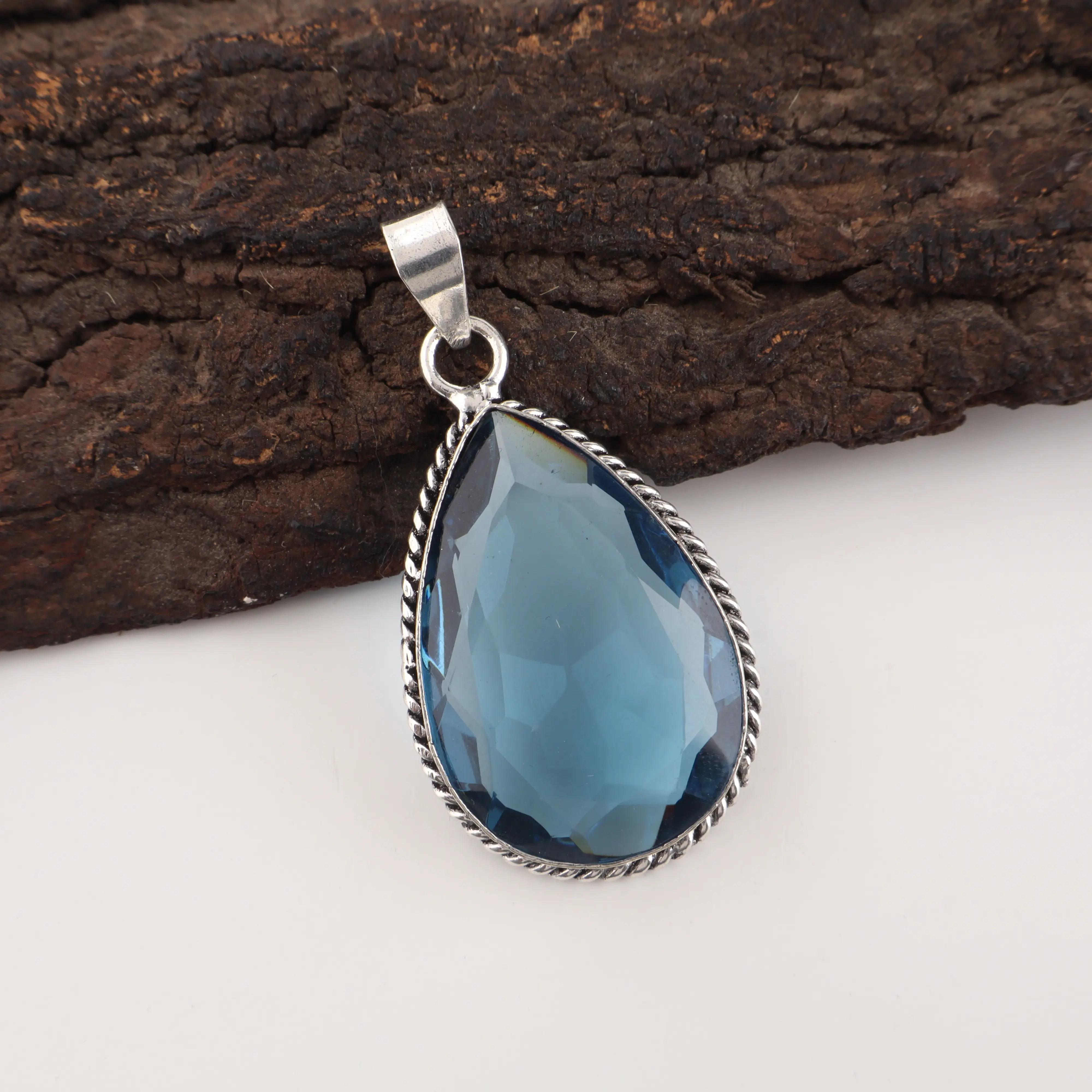 Handmade London Blue Topaz Pendant in 925 Sterling Silver with Deep Blue Gemstone