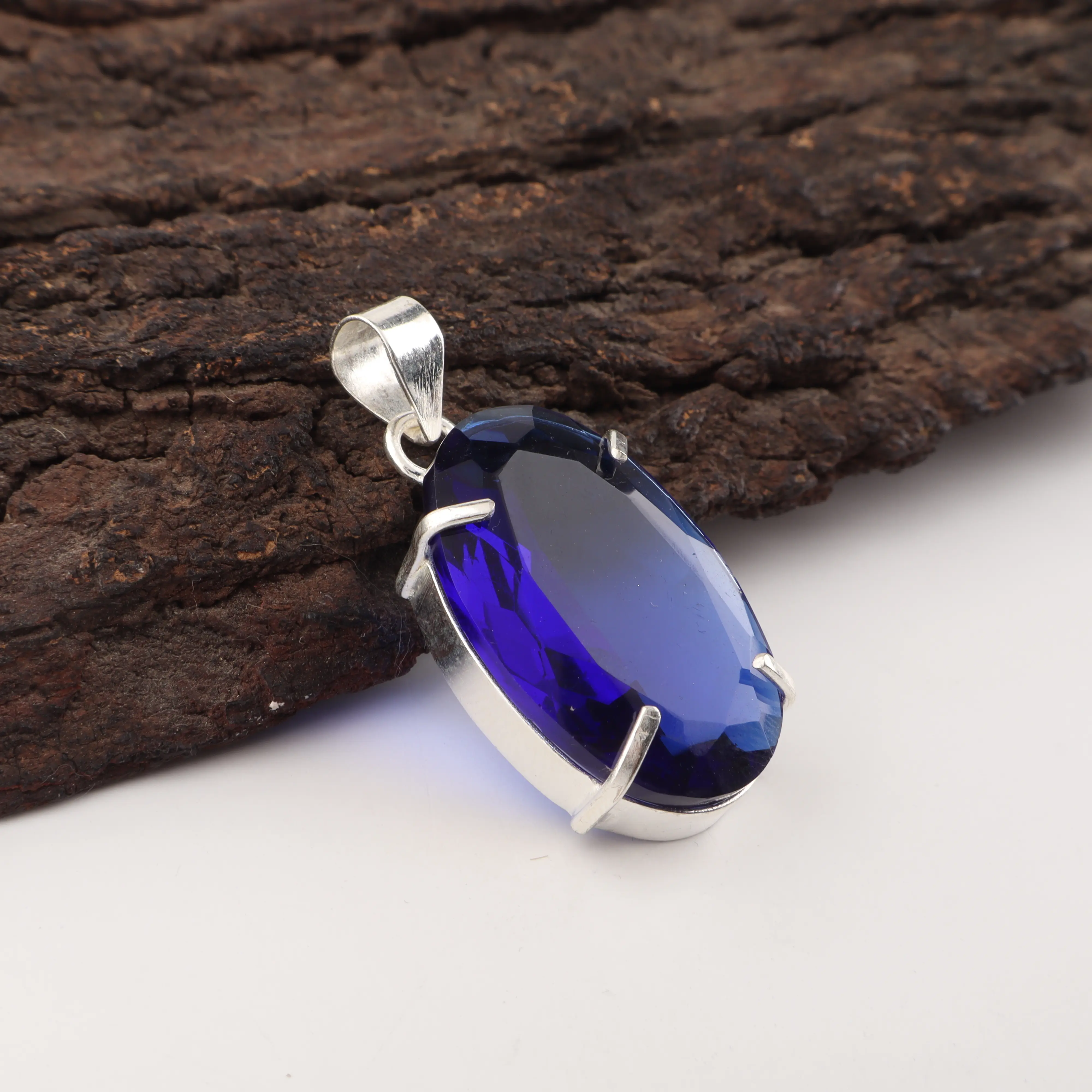 Blue sapphire pendant in sterling silver, Elegant deep blue gemstone necklace for women