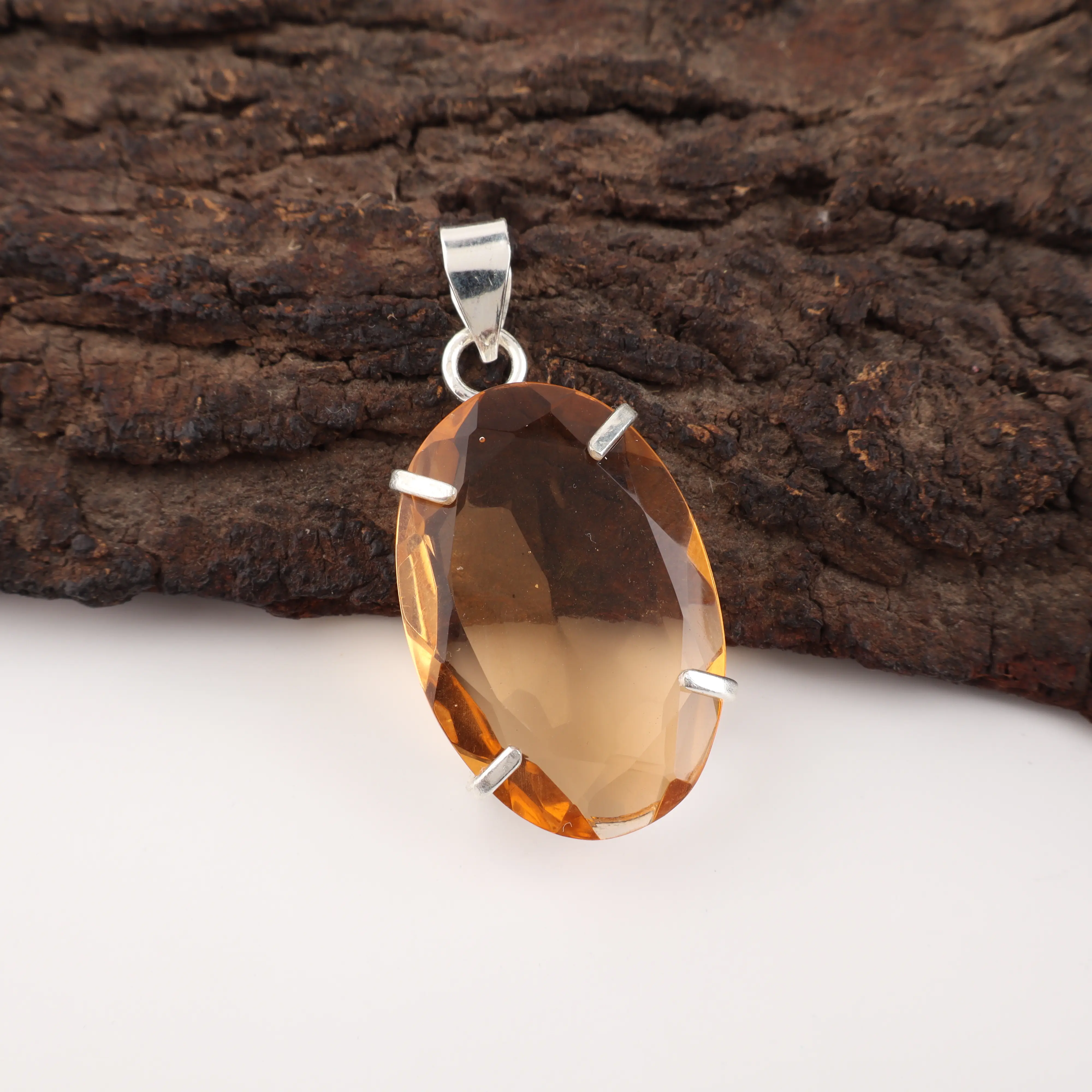 champagne quartz pendant in sterling silver with light brown gemstone handmade jewelry