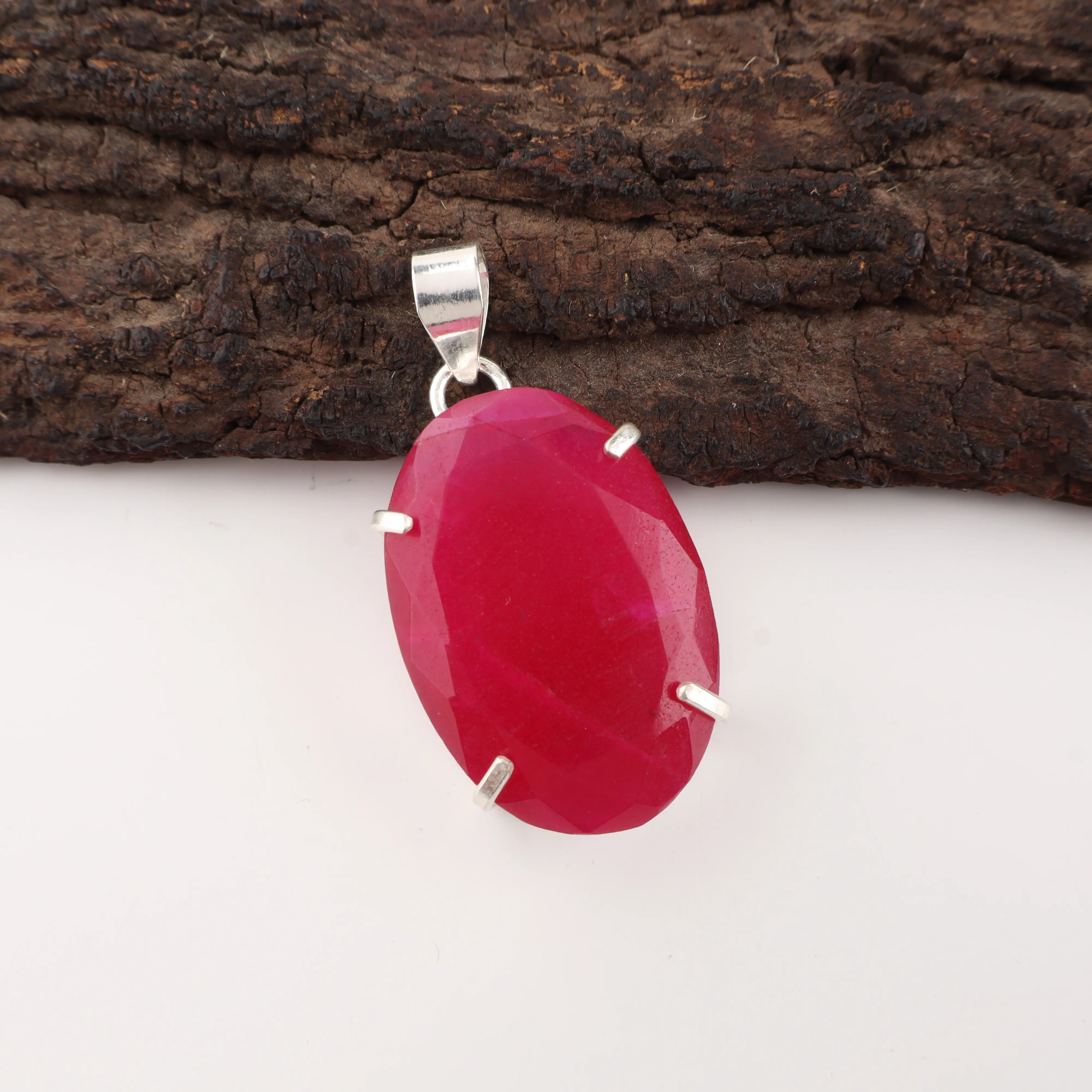 Kashmiri ruby pendant in sterling silver with deep red gemstone handmade jewelry