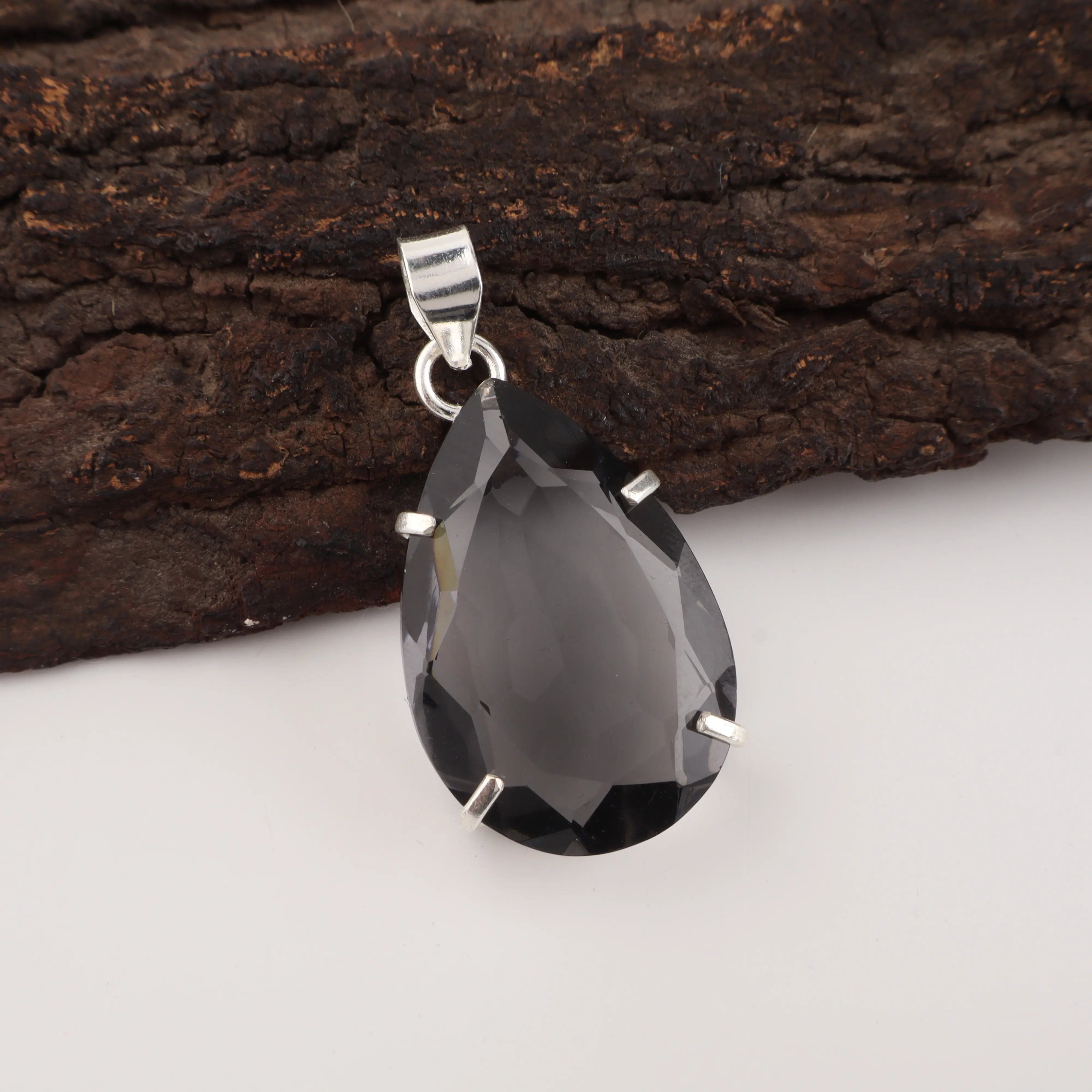 Grey Quartz Pendant Necklace With Polished Crystal in Elegant Minimalist Setting