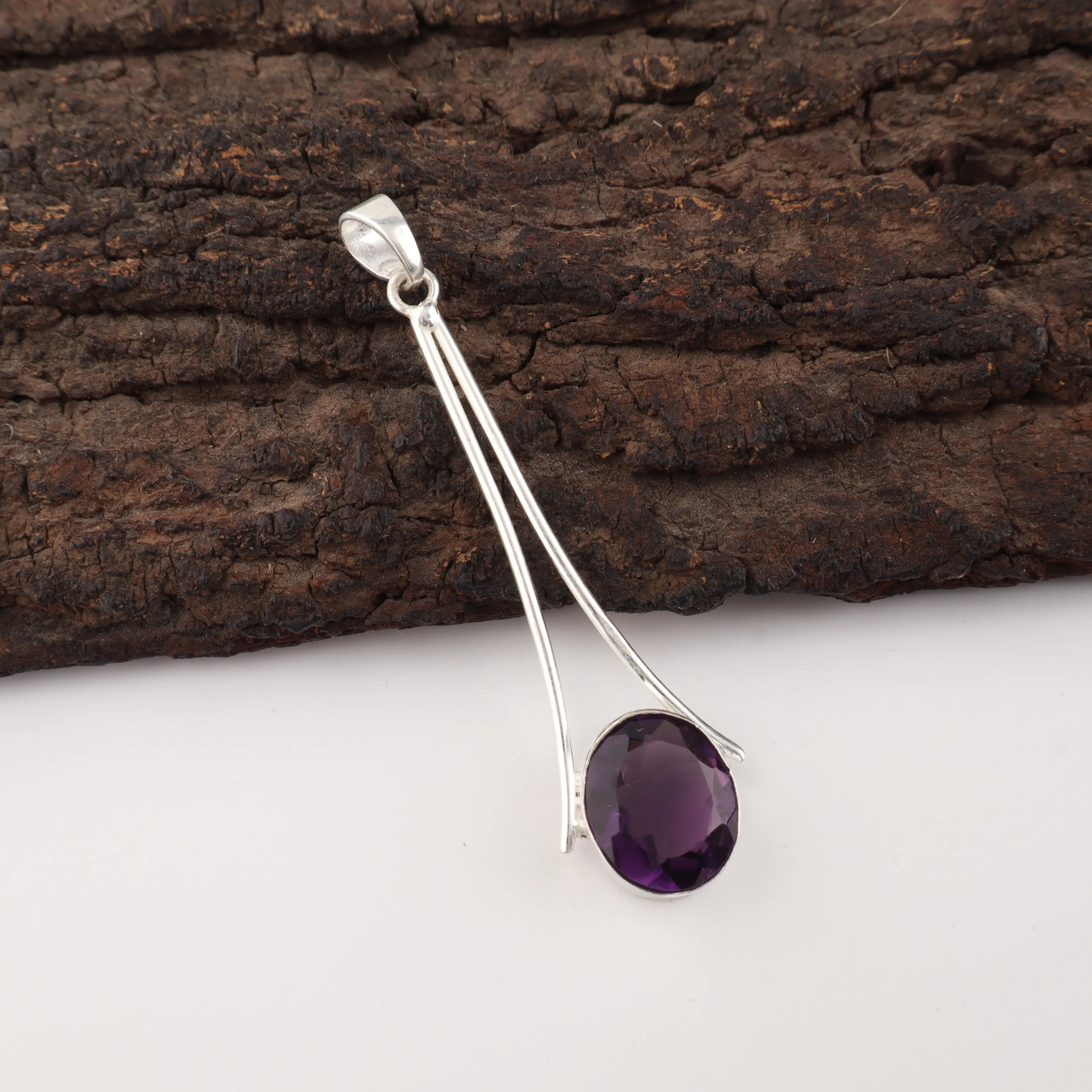 Amethyst Pendant in 925 Sterling Silver with Polished Purple Gemstone