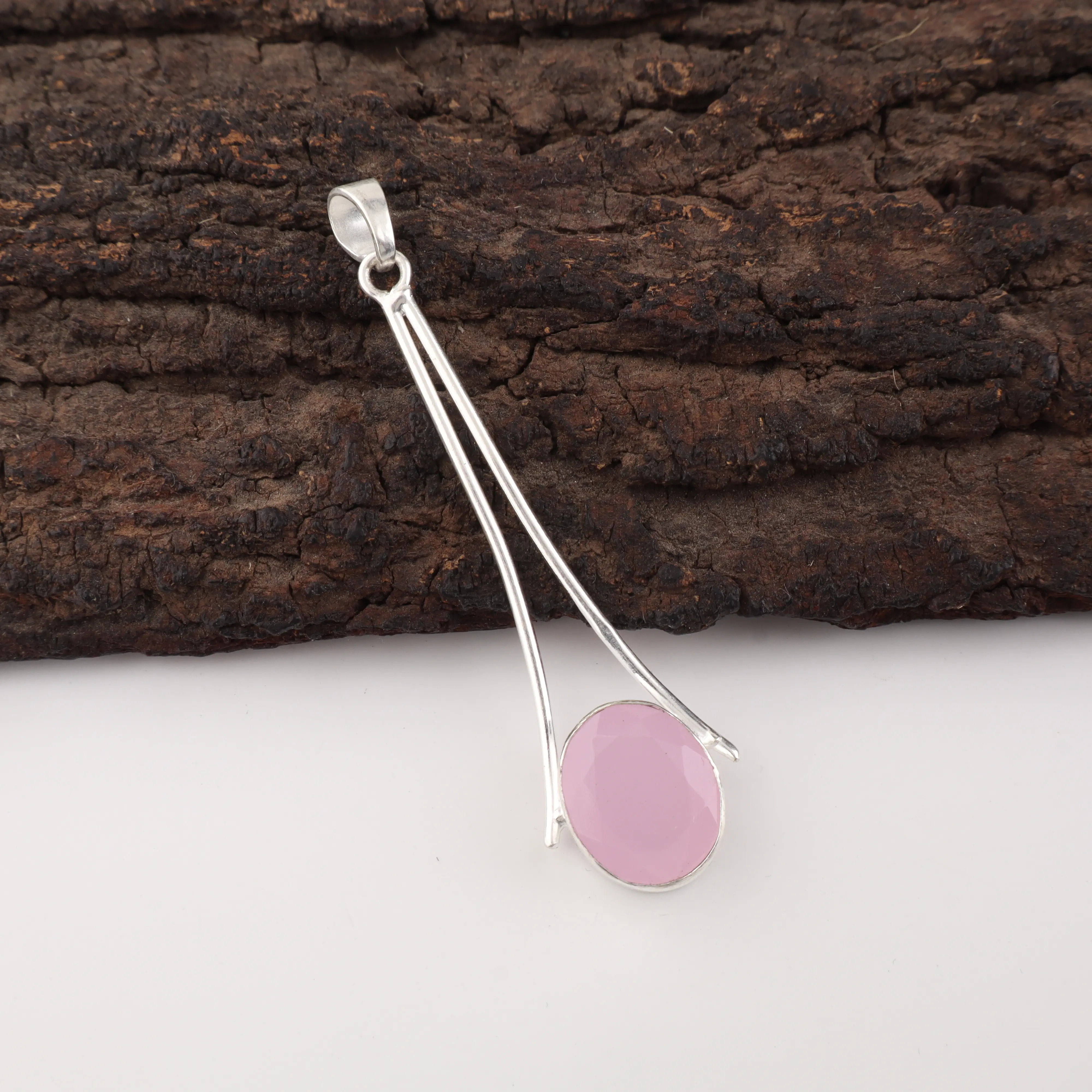 Rose Chalcedony Pendant in 925 sterling silver featuring a soft pink gemstone.