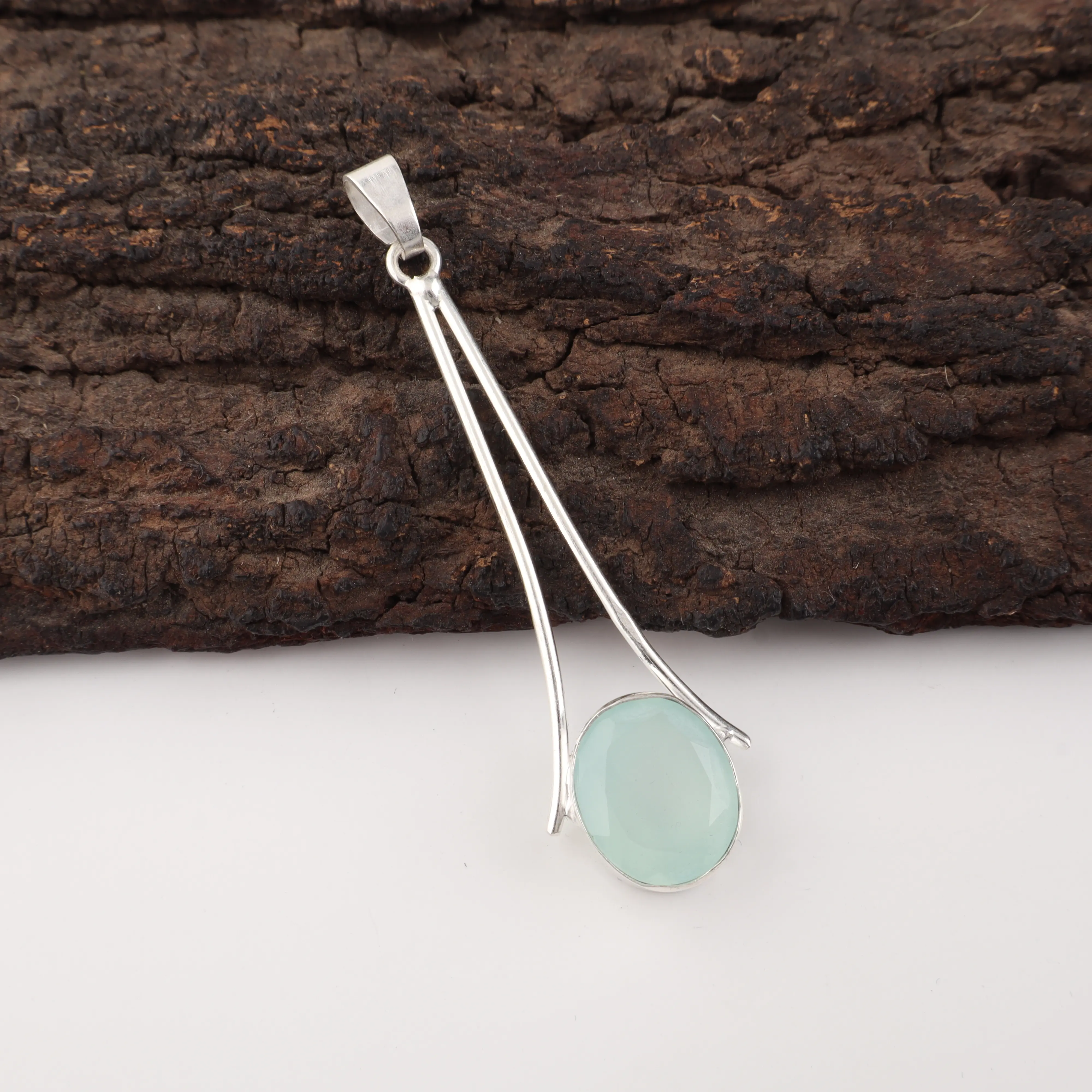 Aqua Chalcedony Pendant in 925 Sterling Silver featuring a soft blue gemstone.