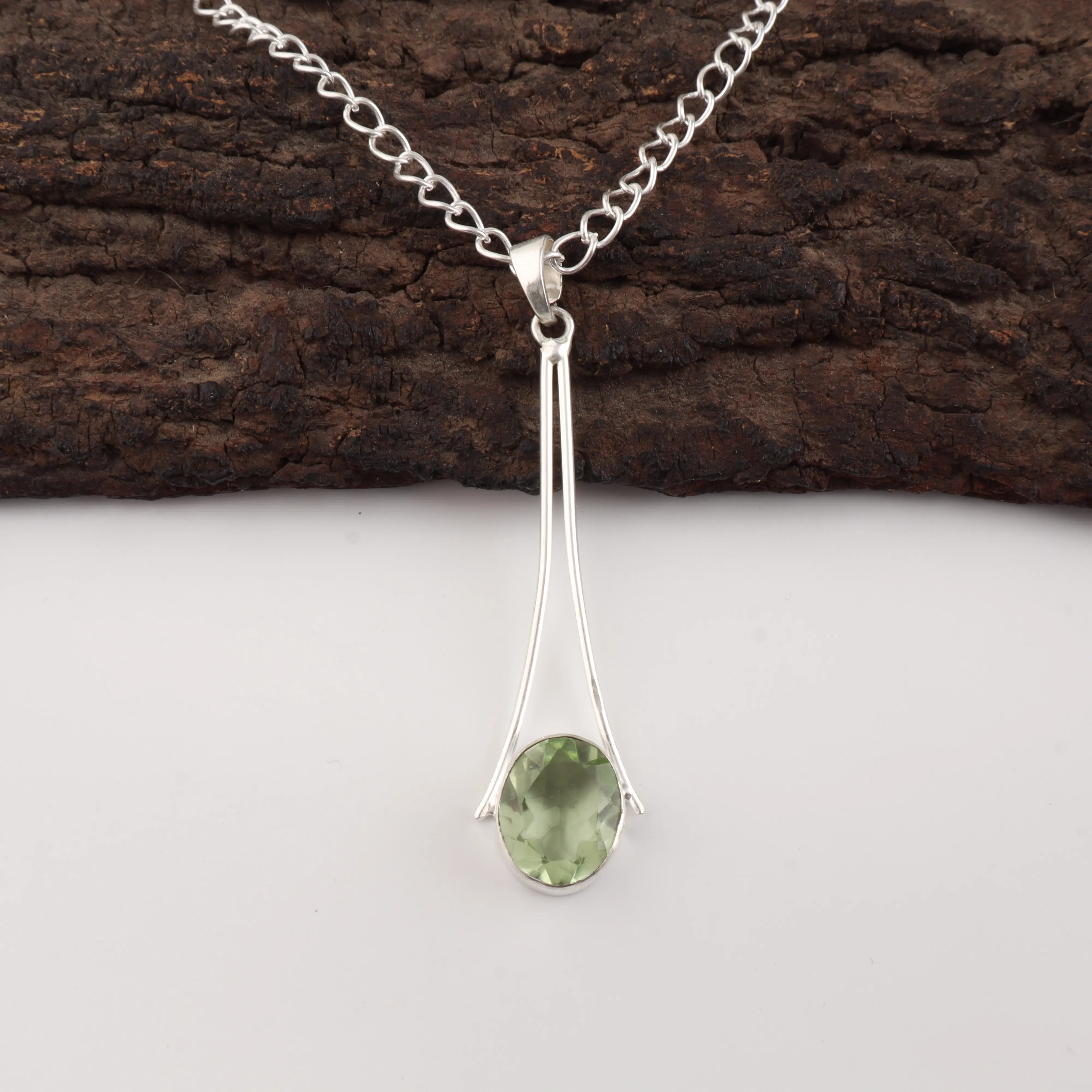 Green amethyst pendant in sterling silver with prasiolite gemstone, elegant handmade jewelry