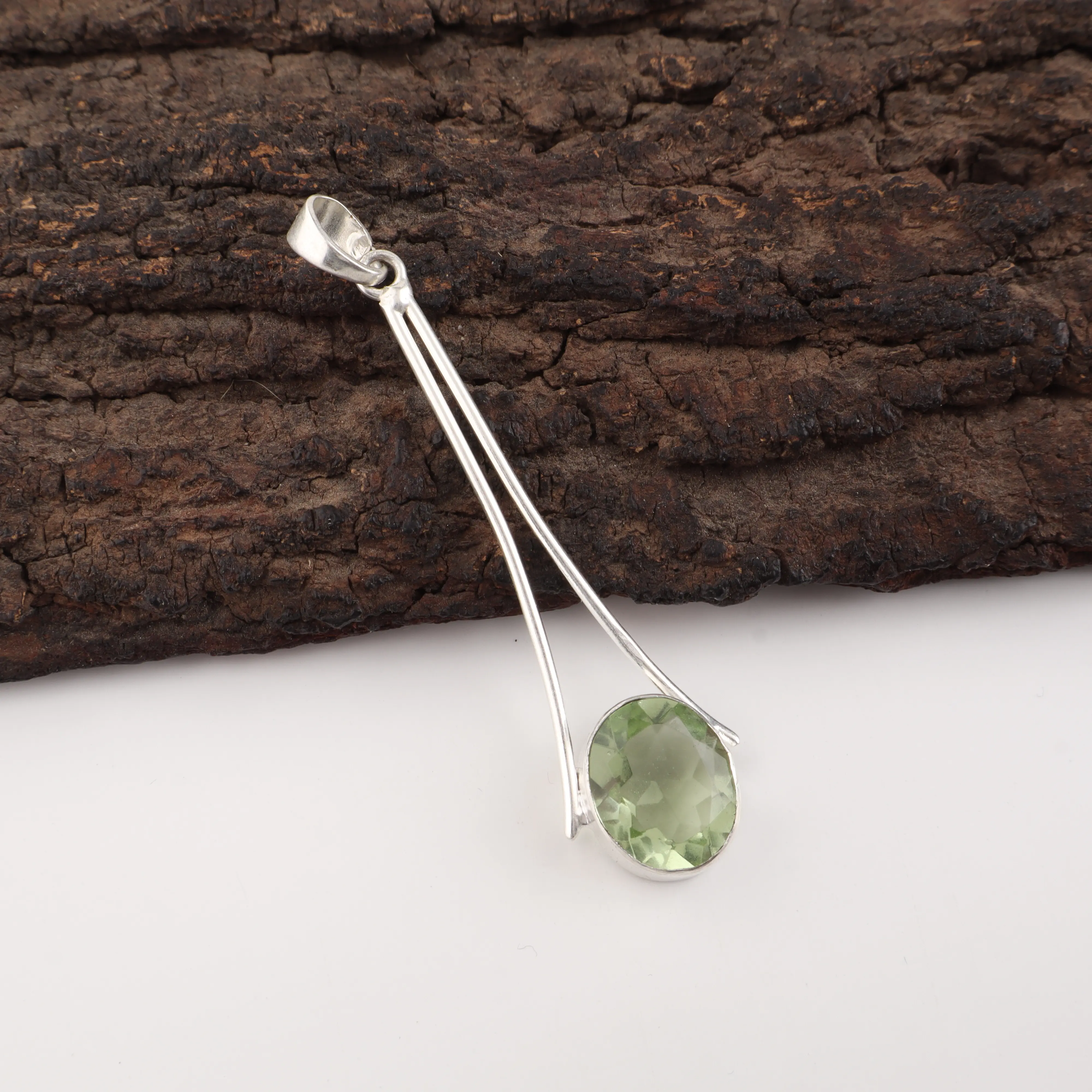 Green amethyst pendant in sterling silver with prasiolite gemstone, elegant handmade jewelry