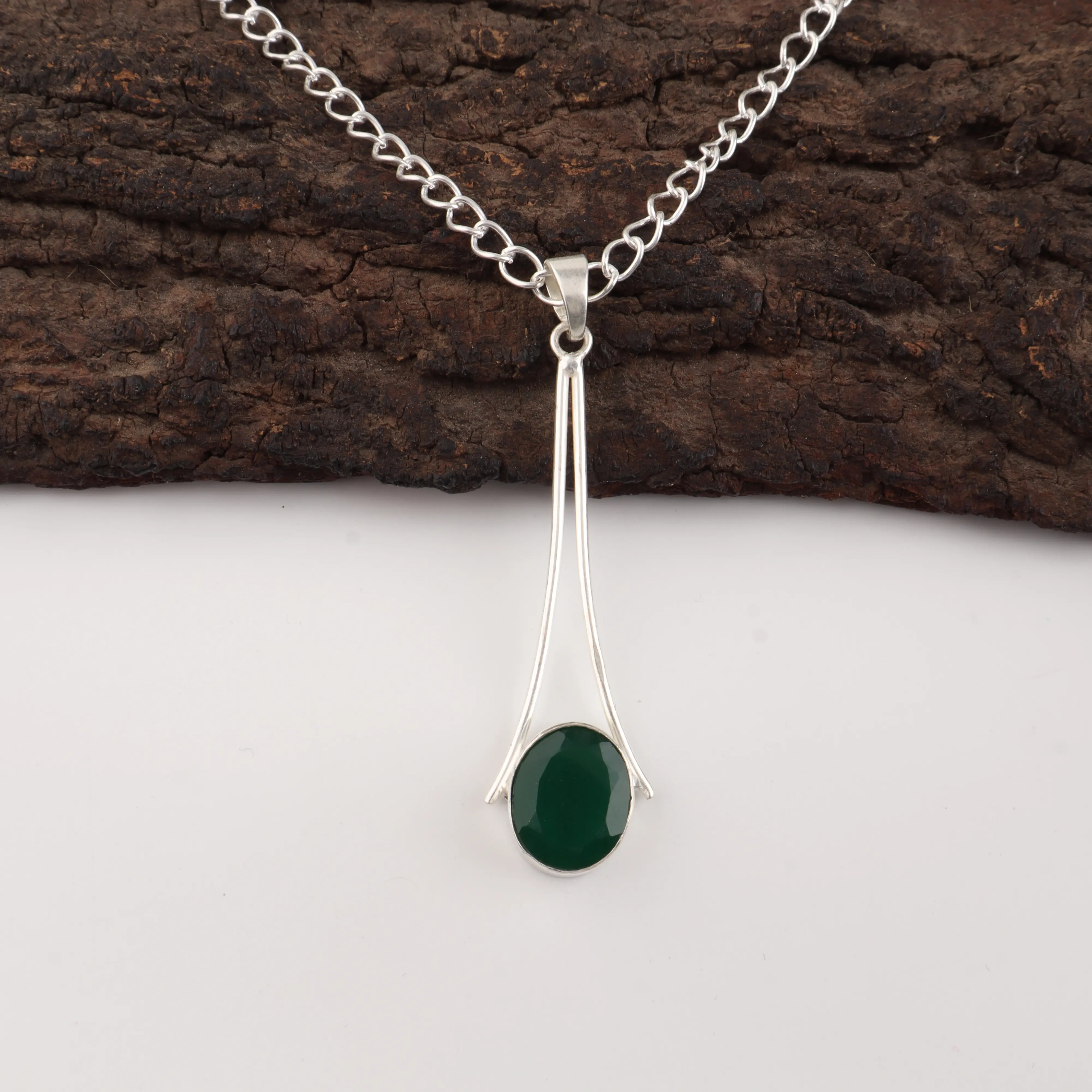 Green Onyx Pendant necklace with polished gemstone in elegant handcrafted setting